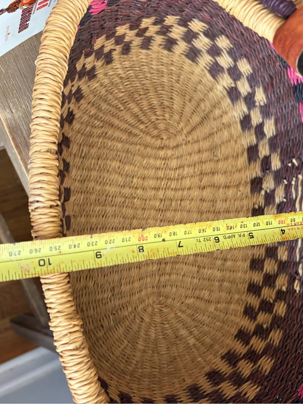 African Handwoven Ghanaian Straw Basket with Leather Handle pink red beige